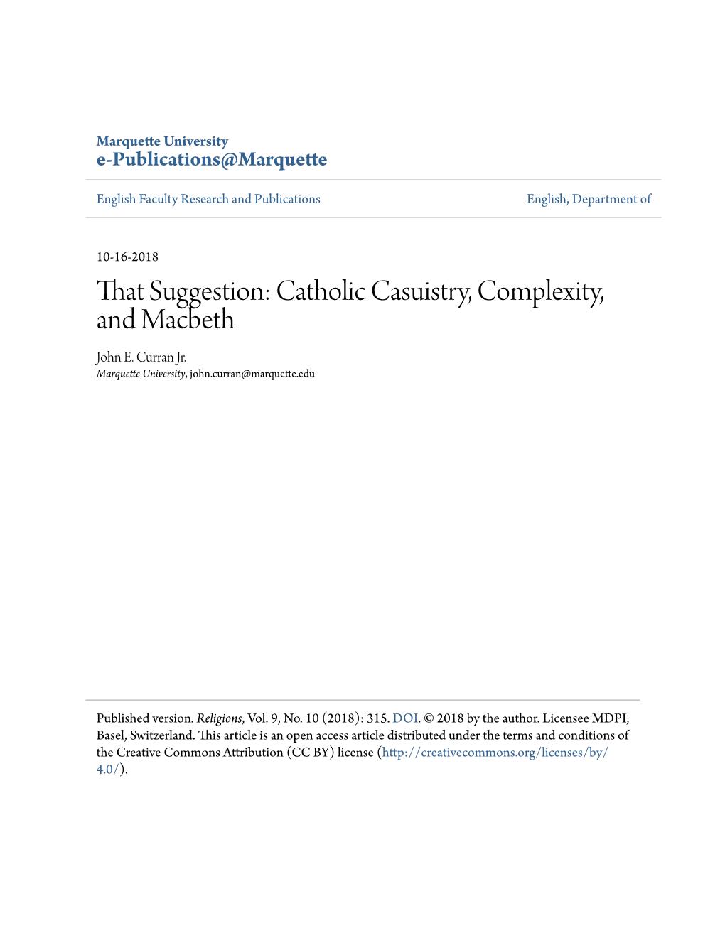 That Suggestion: Catholic Casuistry, Complexity, and Macbeth John E