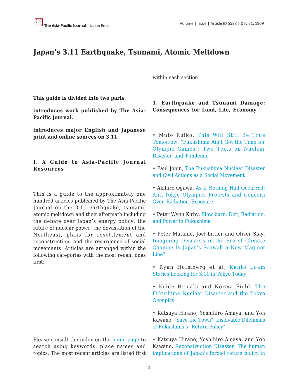 Japan's 3.11 Earthquake, Tsunami, Atomic Meltdown