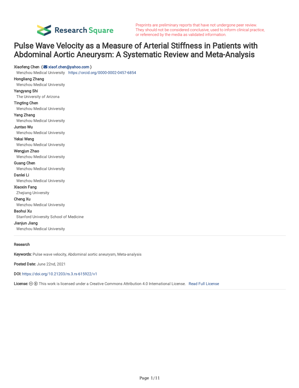 Pulse Wave Velocity As a Measure of Arterial Stiffness in Patients with Abdominal Aortic Aneurysm: a Systematic Review and Meta-Analysis