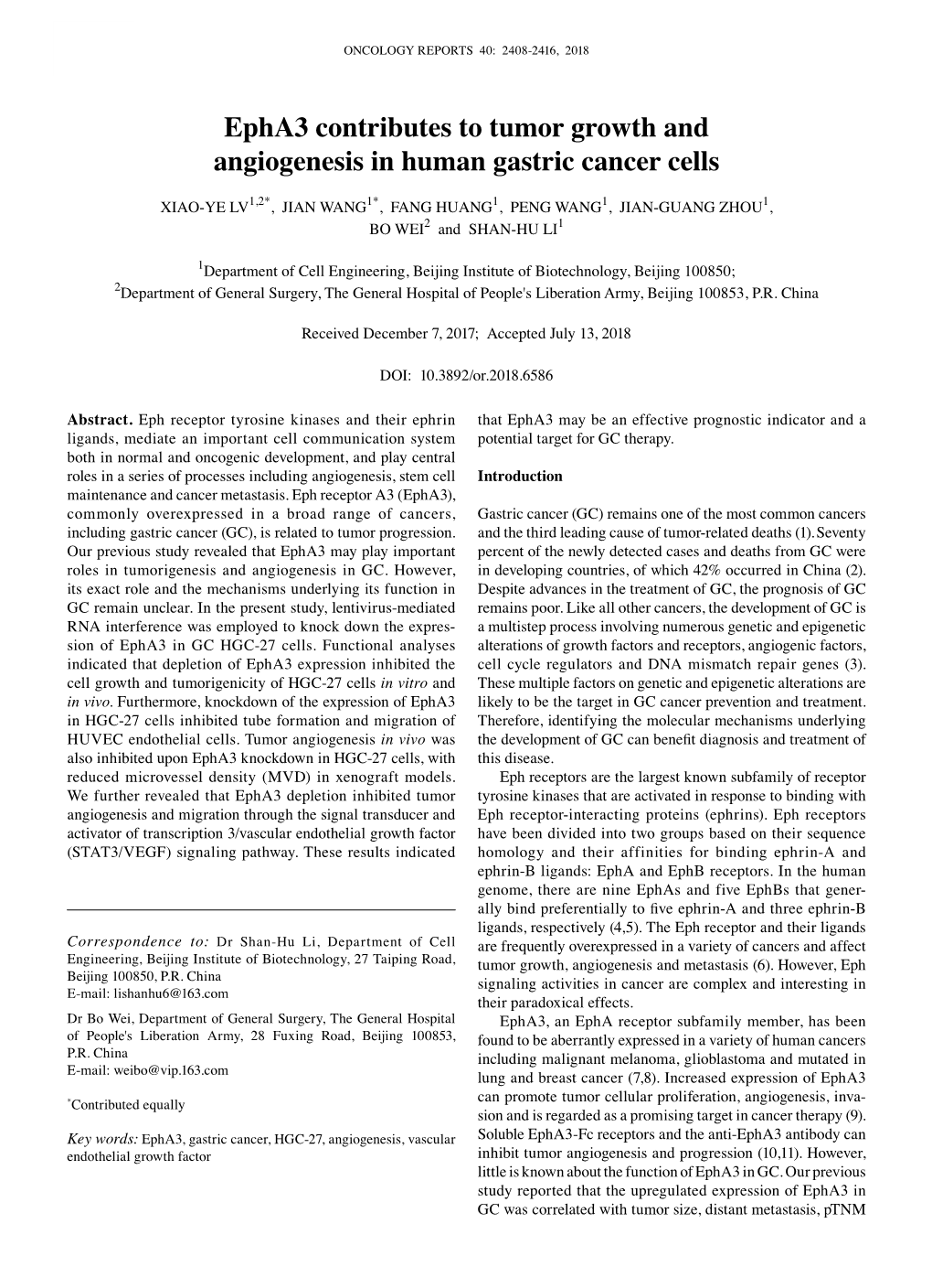 Epha3 Contributes to Tumor Growth and Angiogenesis in Human Gastric Cancer Cells