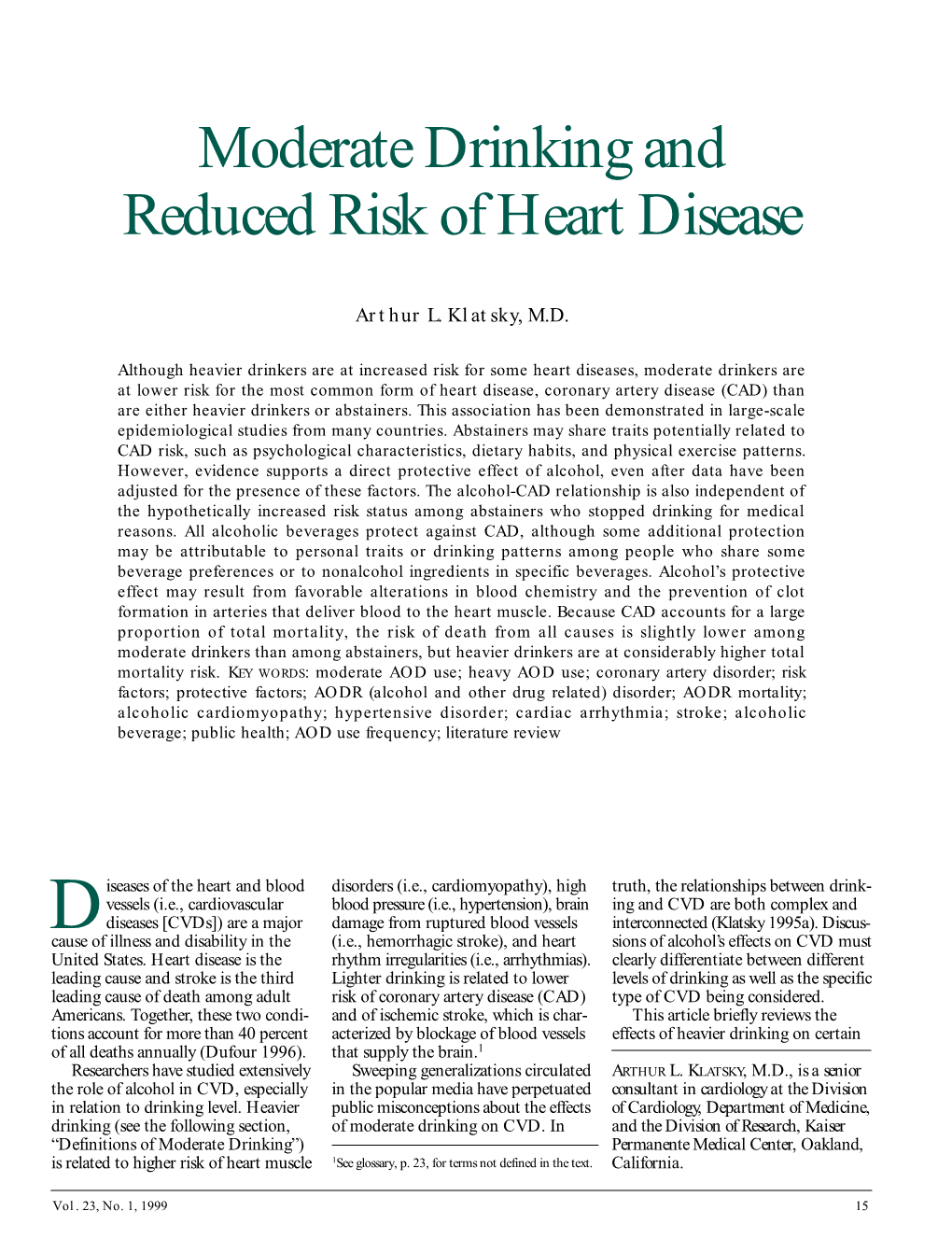 Moderate Drinking and Reduced Risk of Heart Disease