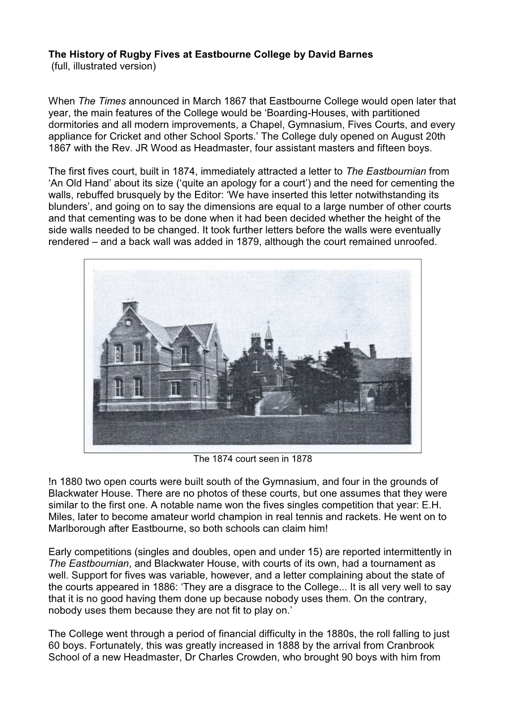 The History of Rugby Fives at Eastbourne College by David Barnes (Full, Illustrated Version)