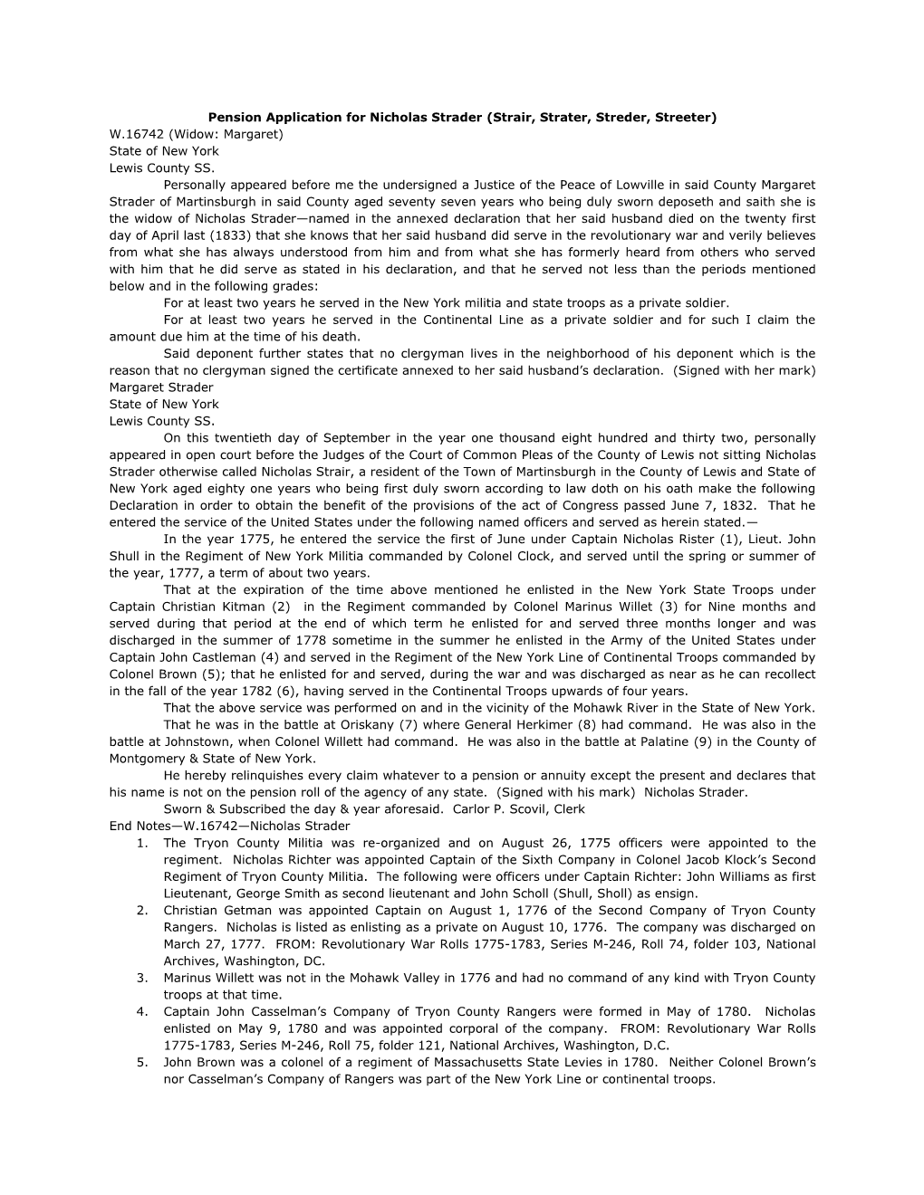 Pension Application for Nicholas Strader (Strair, Strater, Streder, Streeter) W.16742 (Widow: Margaret) State of New York Lewis County SS