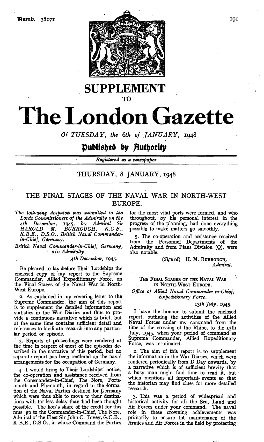 The London Gazette of TUESDAY, the 6Th of JANUARY, 1948 by Registered As a Newspaper