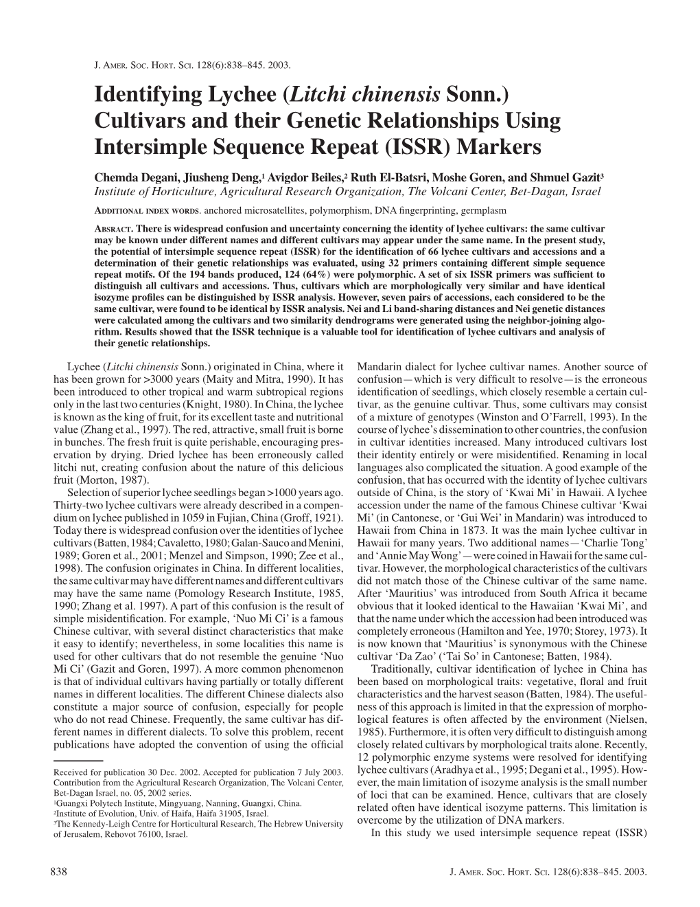 Litchi Chinensis Sonn.) Cultivars and Their Genetic Relationships Using Intersimple Sequence Repeat (ISSR) Markers