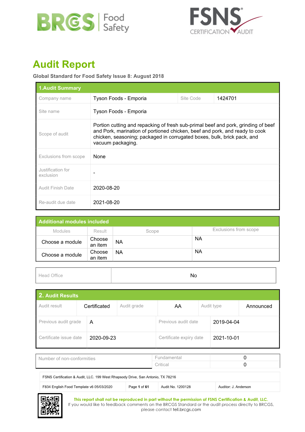 Audit Report Global Standard for Food Safety Issue 8: August 2018