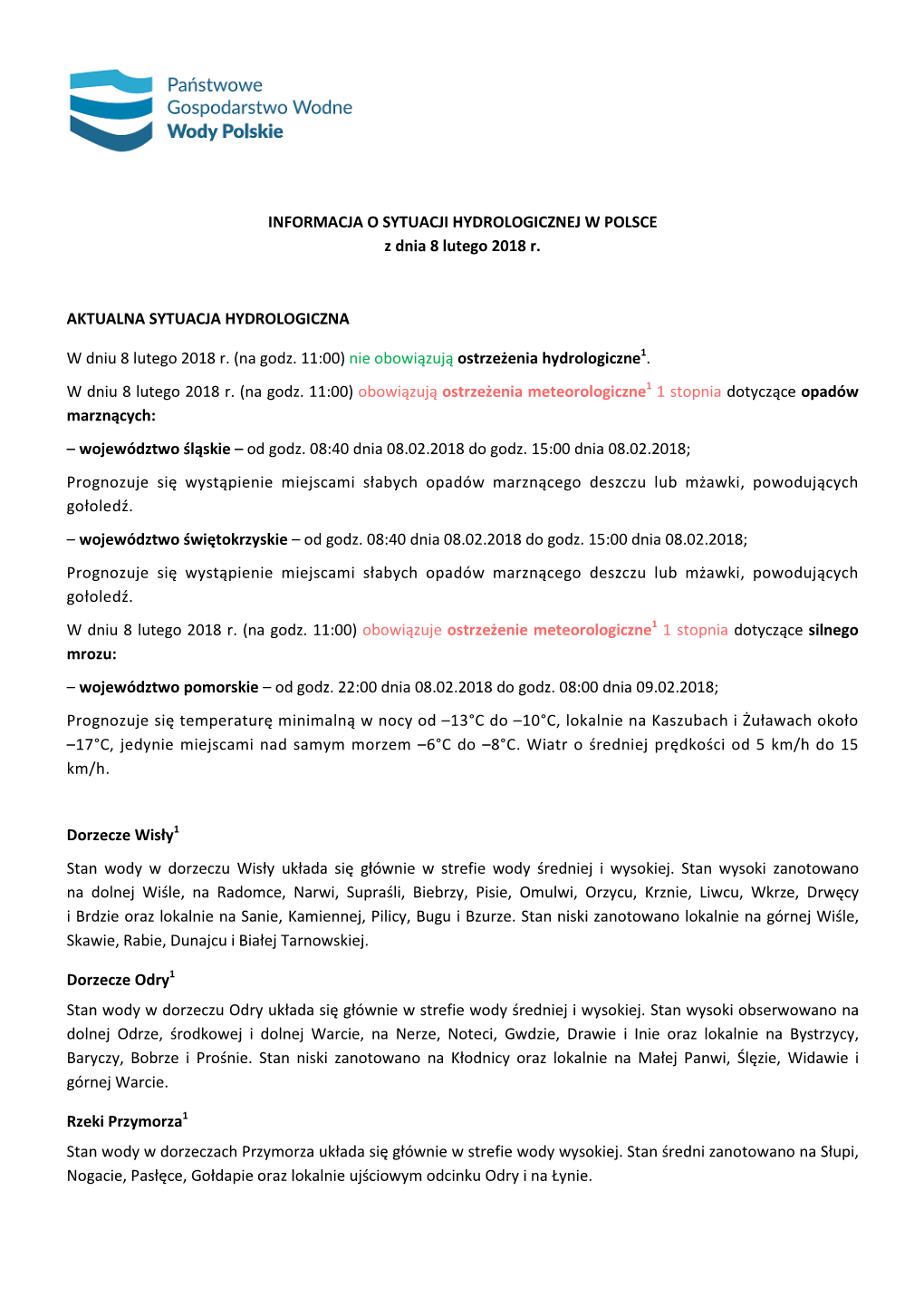 INFORMACJA O SYTUACJI HYDROLOGICZNEJ W POLSCE Z Dnia 8 Lutego 2018 R