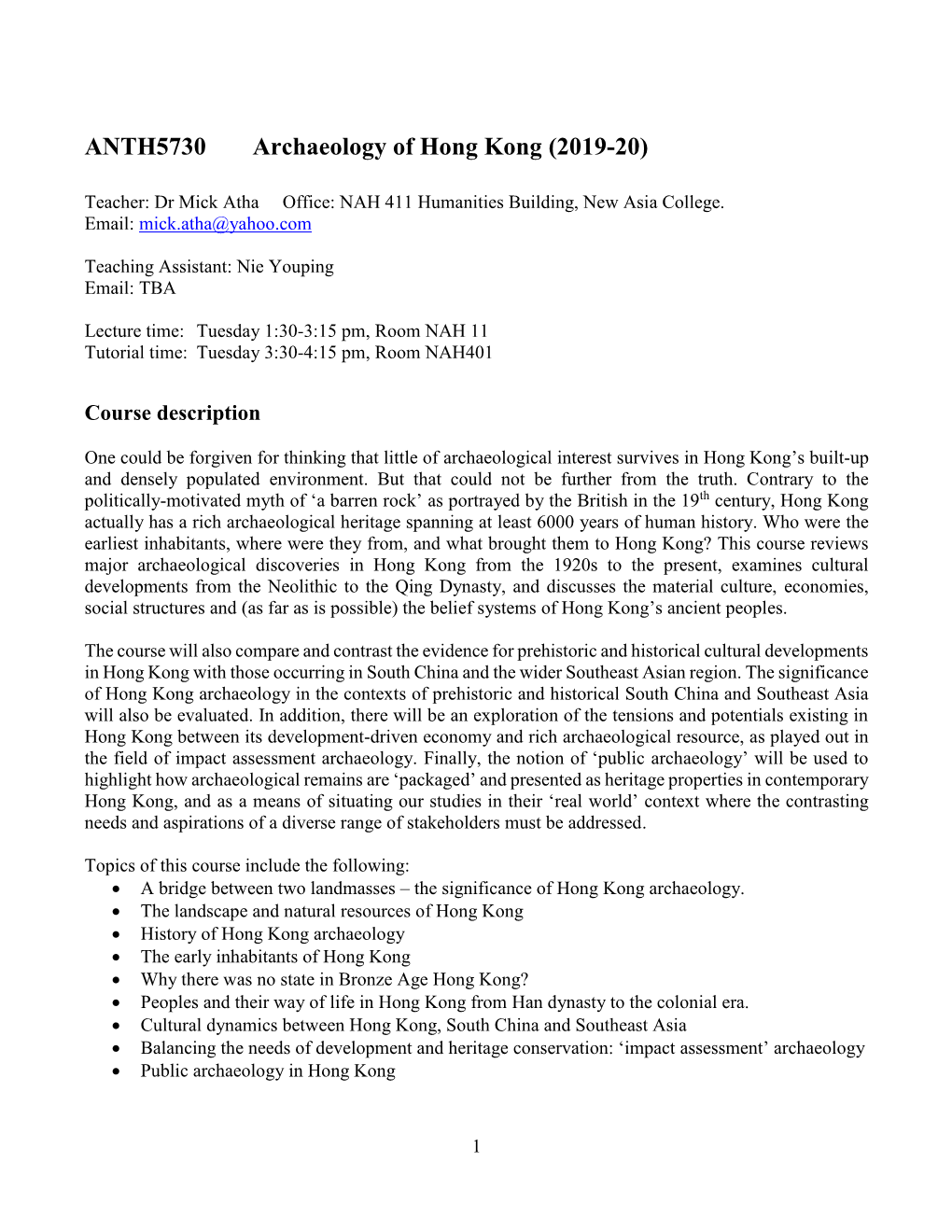 ANTH5730 Archaeology of Hong Kong (2019-20)