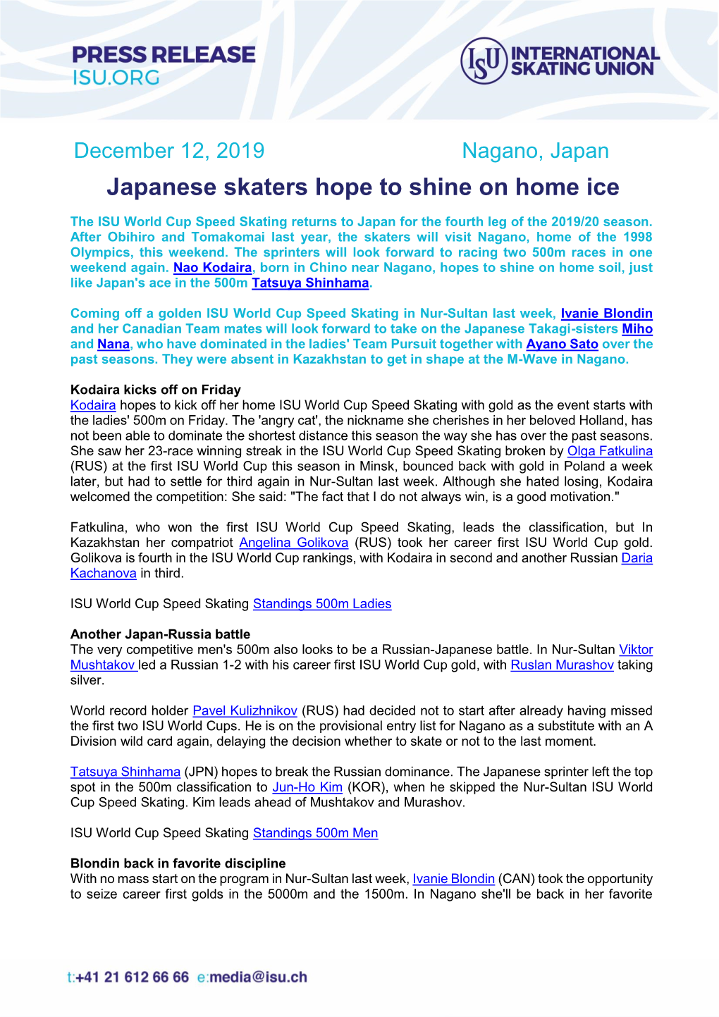 ISU World Cup Speed Skating Returns to Japan for the Fourth Leg of the 2019/20 Season