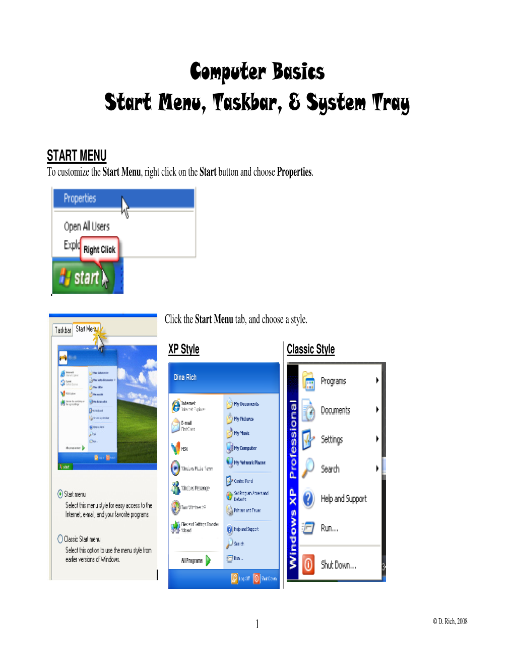 Computer Basics Start Menu, Taskbar, & System Tray