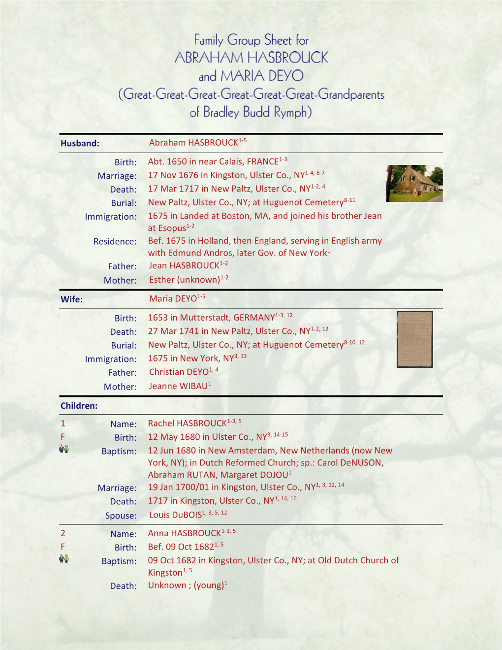 Family Group Sheet for ABRAHAM HASBROUCK