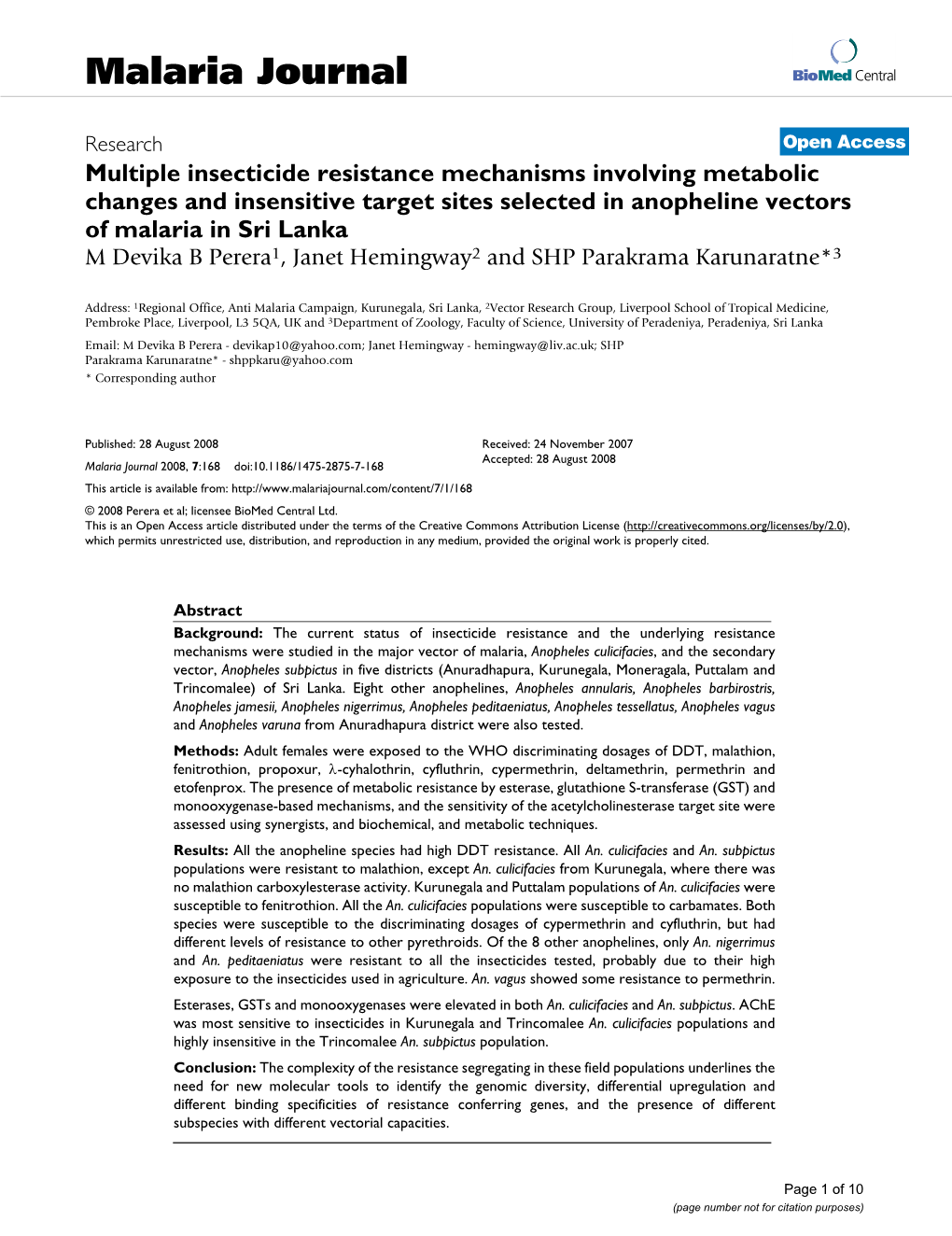 Multiple Insecticide Resistance Mechanisms Involving Metabolic