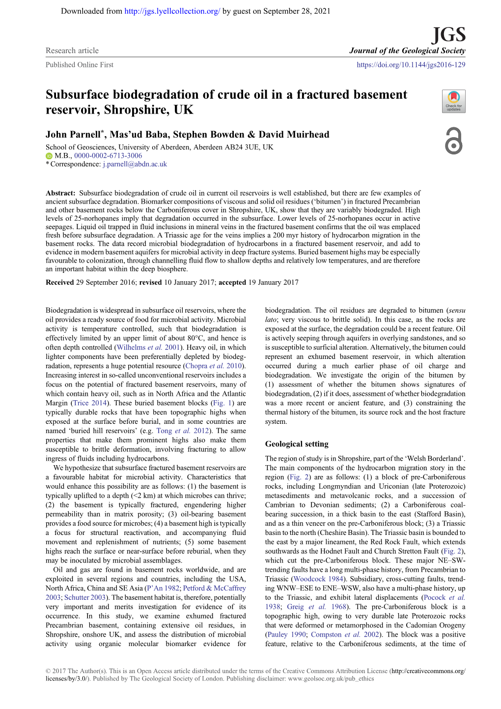 Subsurface Biodegradation of Crude Oil in a Fractured Basement Reservoir, Shropshire, UK