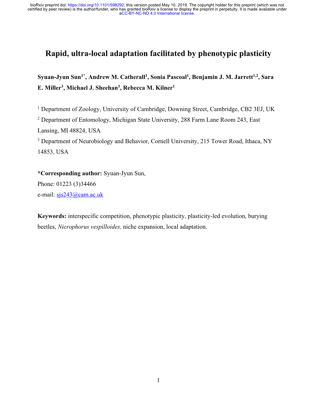 Rapid, Ultra-Local Adaptation Facilitated by Phenotypic Plasticity