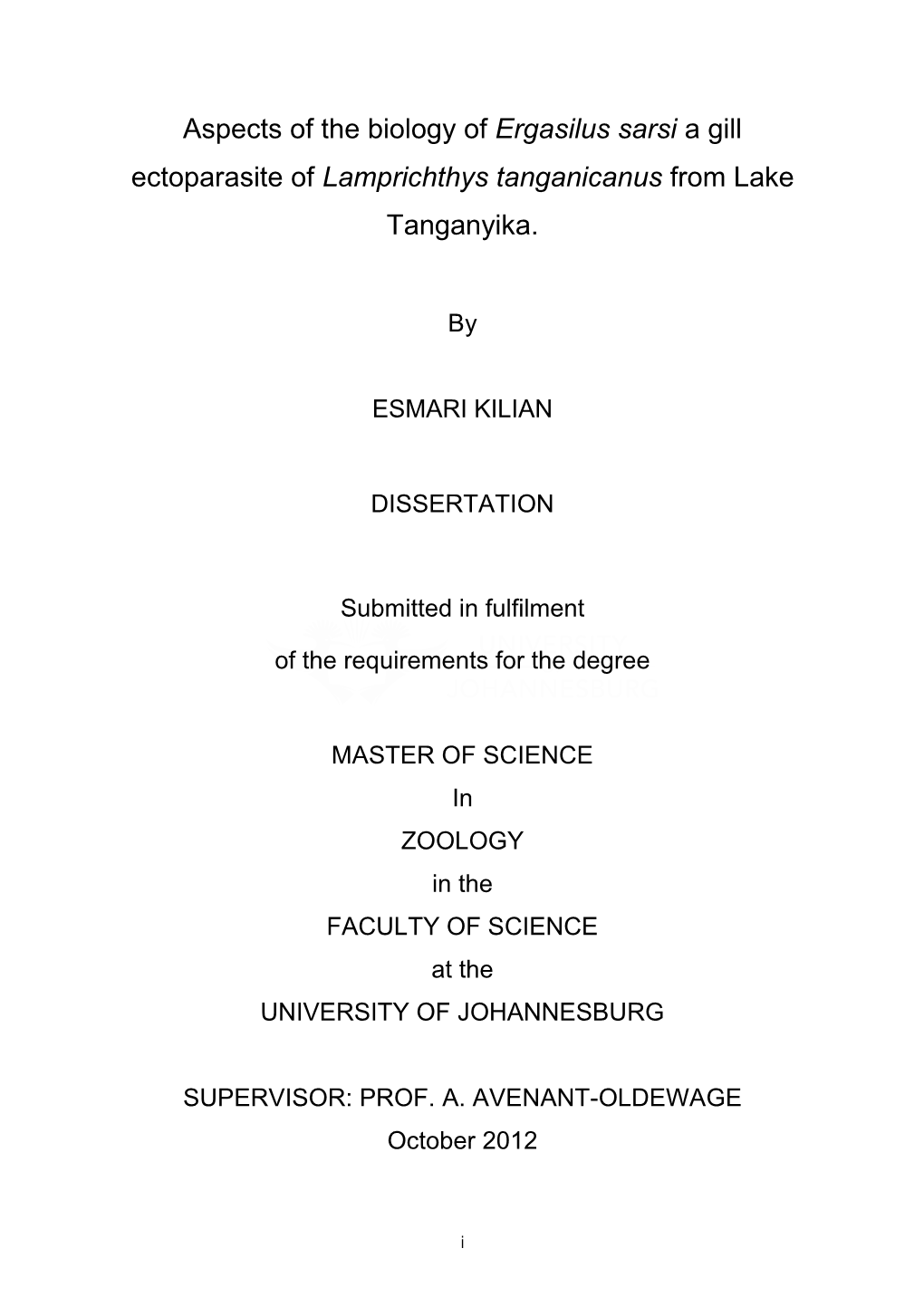 Aspects of the Biology of Ergasilus Sarsi a Gill Ectoparasite of Lamprichthys Tanganicanus from Lake Tanganyika