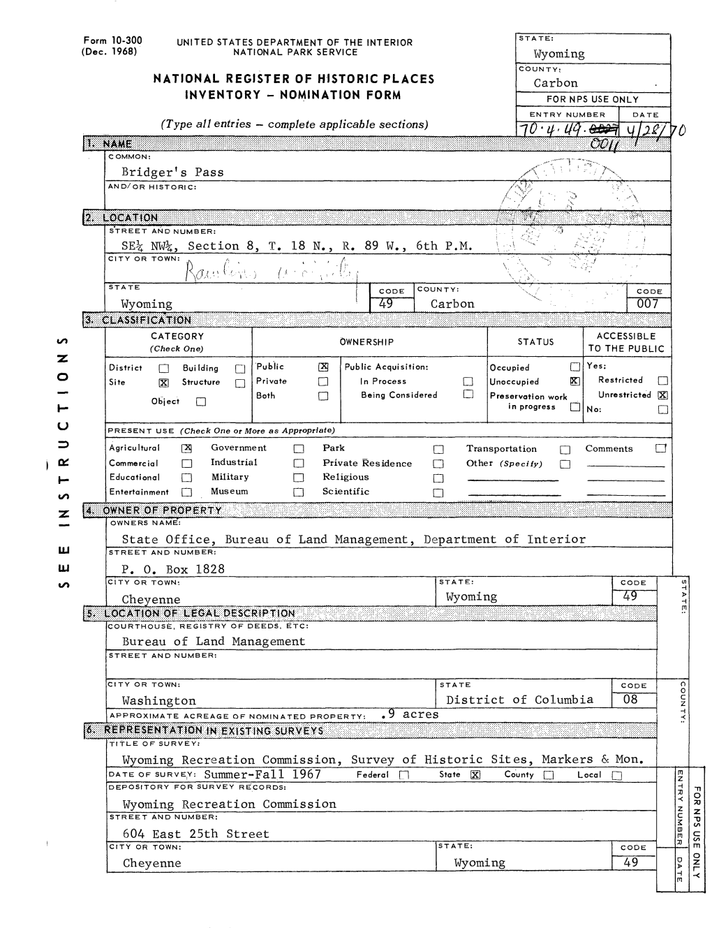 Bridger's Pass National Register Form Size