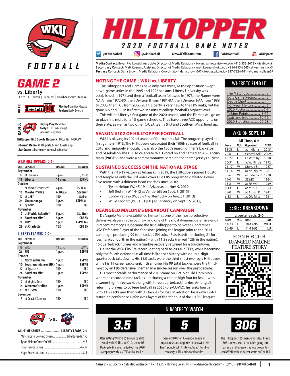 GAME 2 the Hilltoppers and Flames Have Only Met Twice, As the Opposition Swept a Two-Game Series in the 1995 and 1996 Seasons