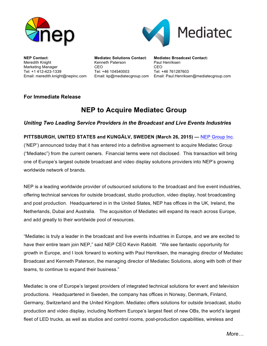NEP to Acquire Mediatec Group
