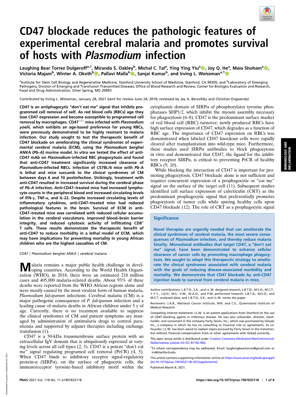 CD47 Blockade Reduces the Pathologic Features of Experimental Cerebral Malaria and Promotes Survival of Hosts with Plasmodium Infection