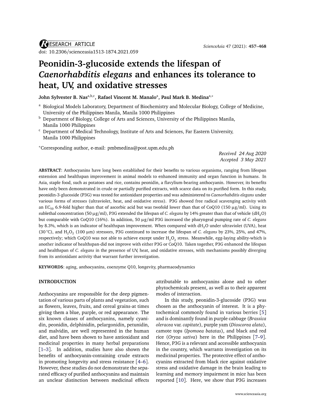 Peonidin-3-Glucoside Extends the Lifespan of Caenorhabditis Elegans and Enhances Its Tolerance to Heat, UV, and Oxidative Stresses