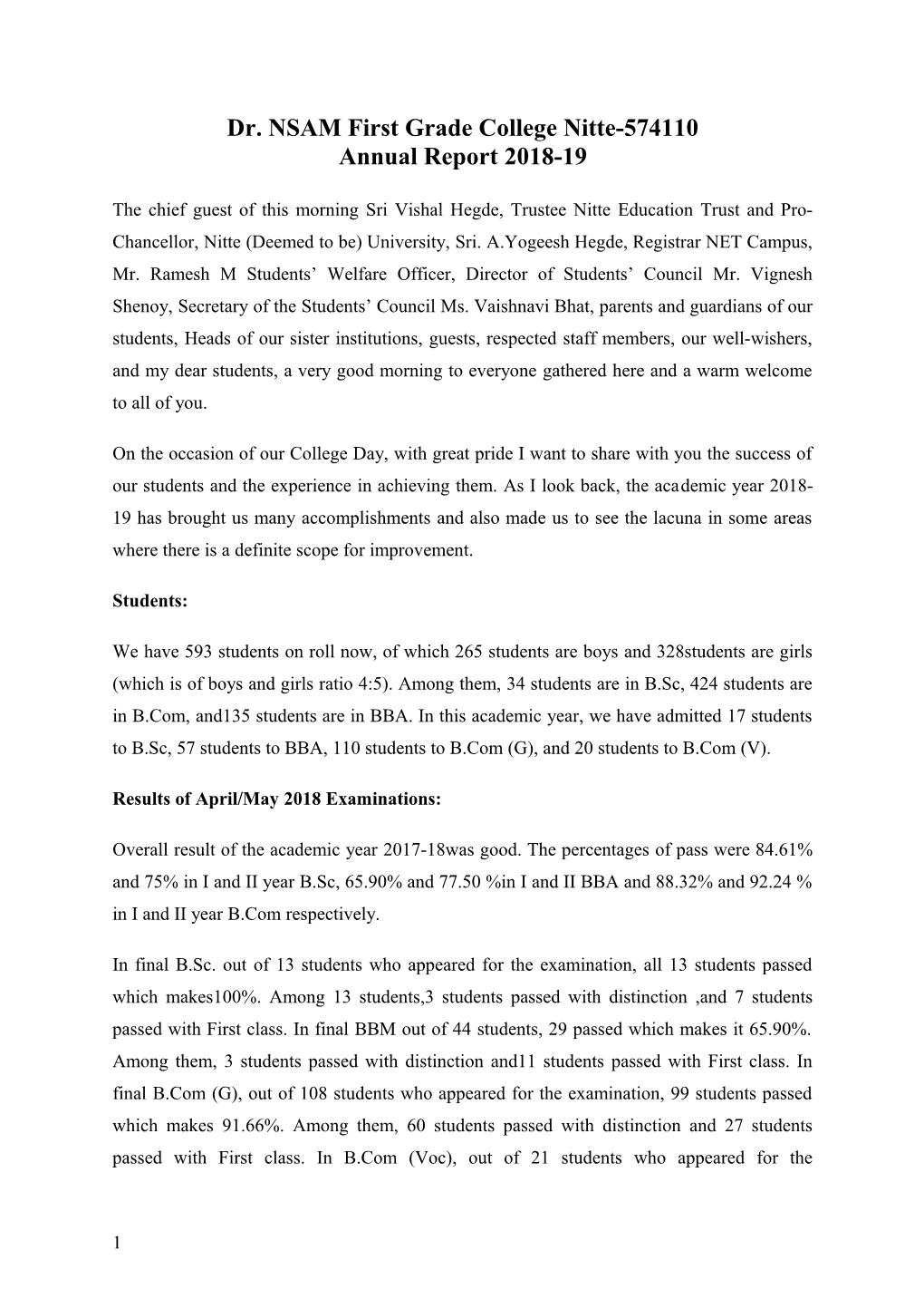 Dr. NSAM First Grade College Nitte-574110 Annual Report 2018-19