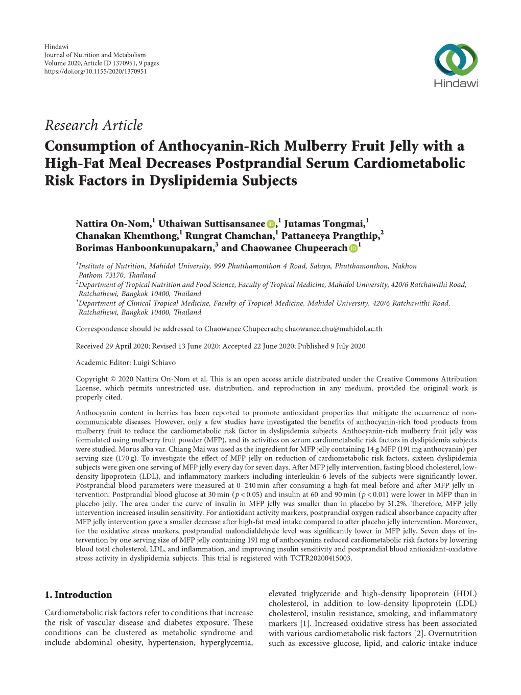 Consumption of Anthocyanin-Rich Mulberry Fruit Jelly with a High-Fat Meal Decreases Postprandial Serum Cardiometabolic Risk Factors in Dyslipidemia Subjects