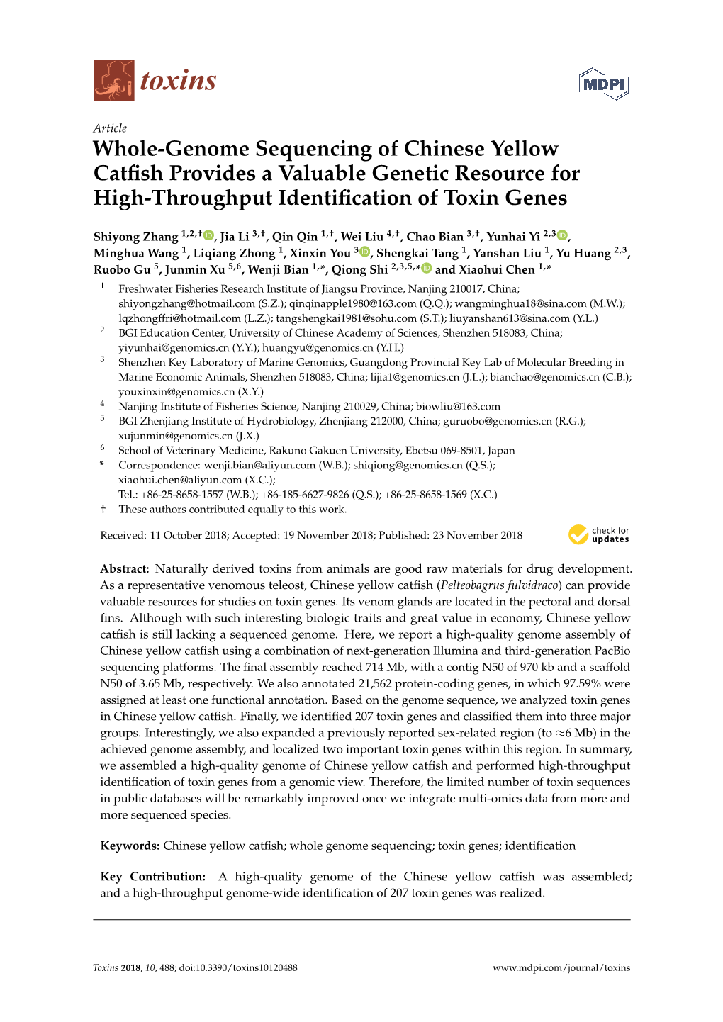 Whole-Genome Sequencing of Chinese Yellow Catfish Provides A