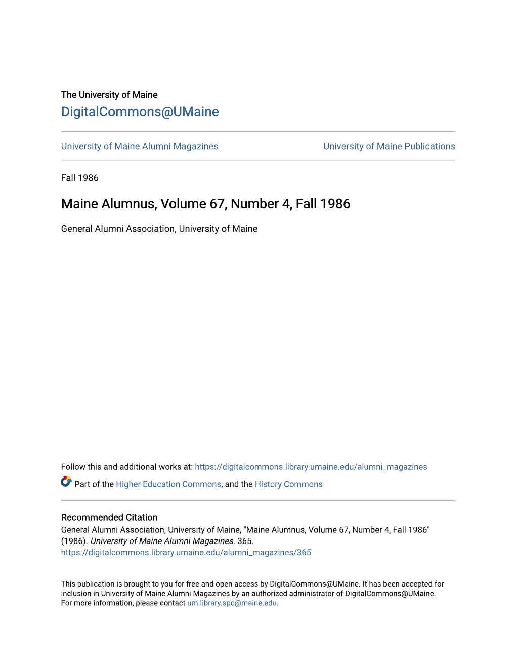 Maine Alumnus, Volume 67, Number 4, Fall 1986