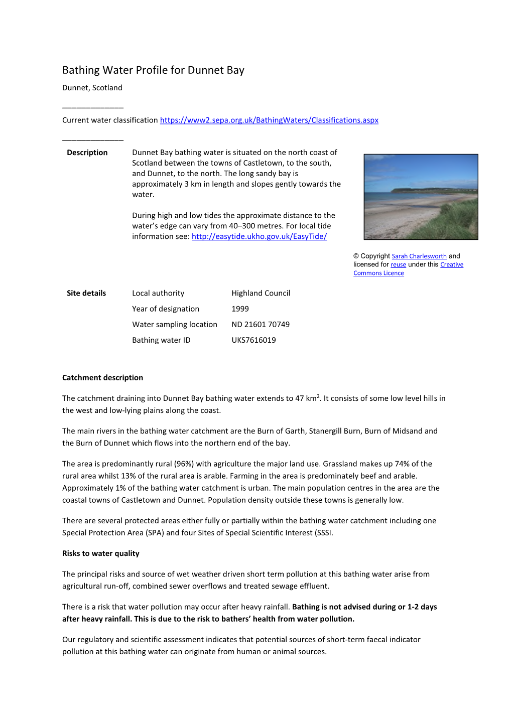 Bathing Water Profile for Dunnet