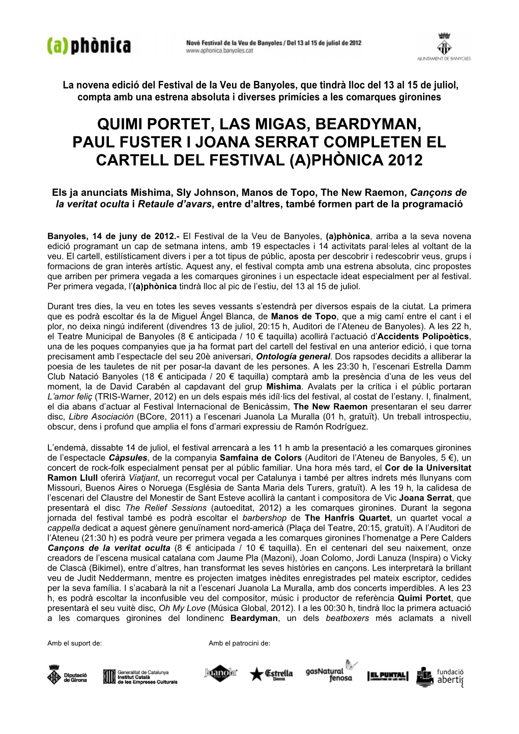 Quimi Portet, Las Migas, Beardyman, Paul Fuster I Joana Serrat Completen El Cartell Del Festival (A)Phònica 2012