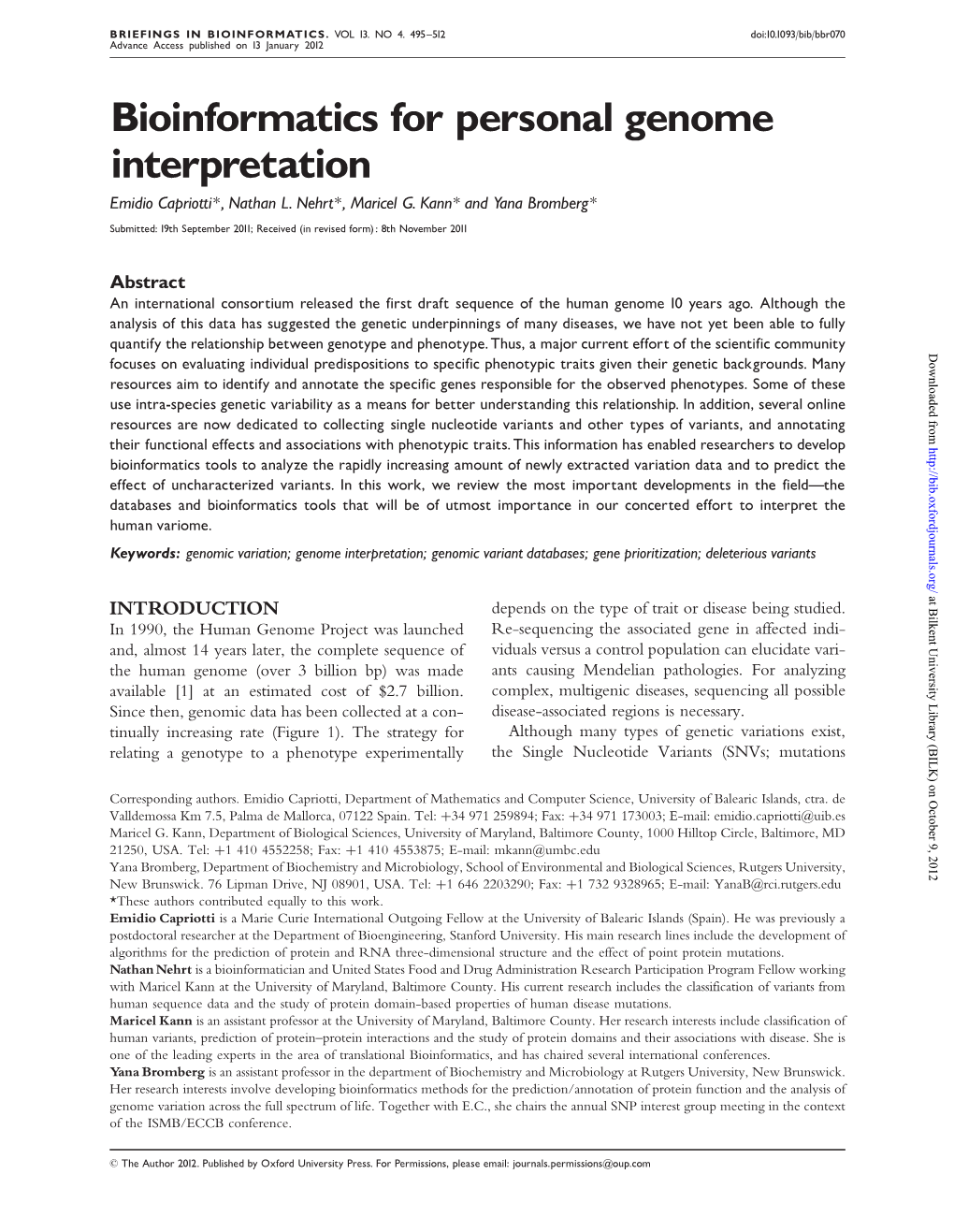 Bioinformatics for Personal Genome Interpretation Emidio Capriotti*, Nathan L