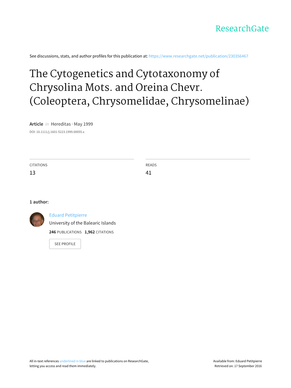 The Cytogenetics and Cytotaxonomy of Chrysolina Mots. and Oreina Chevr