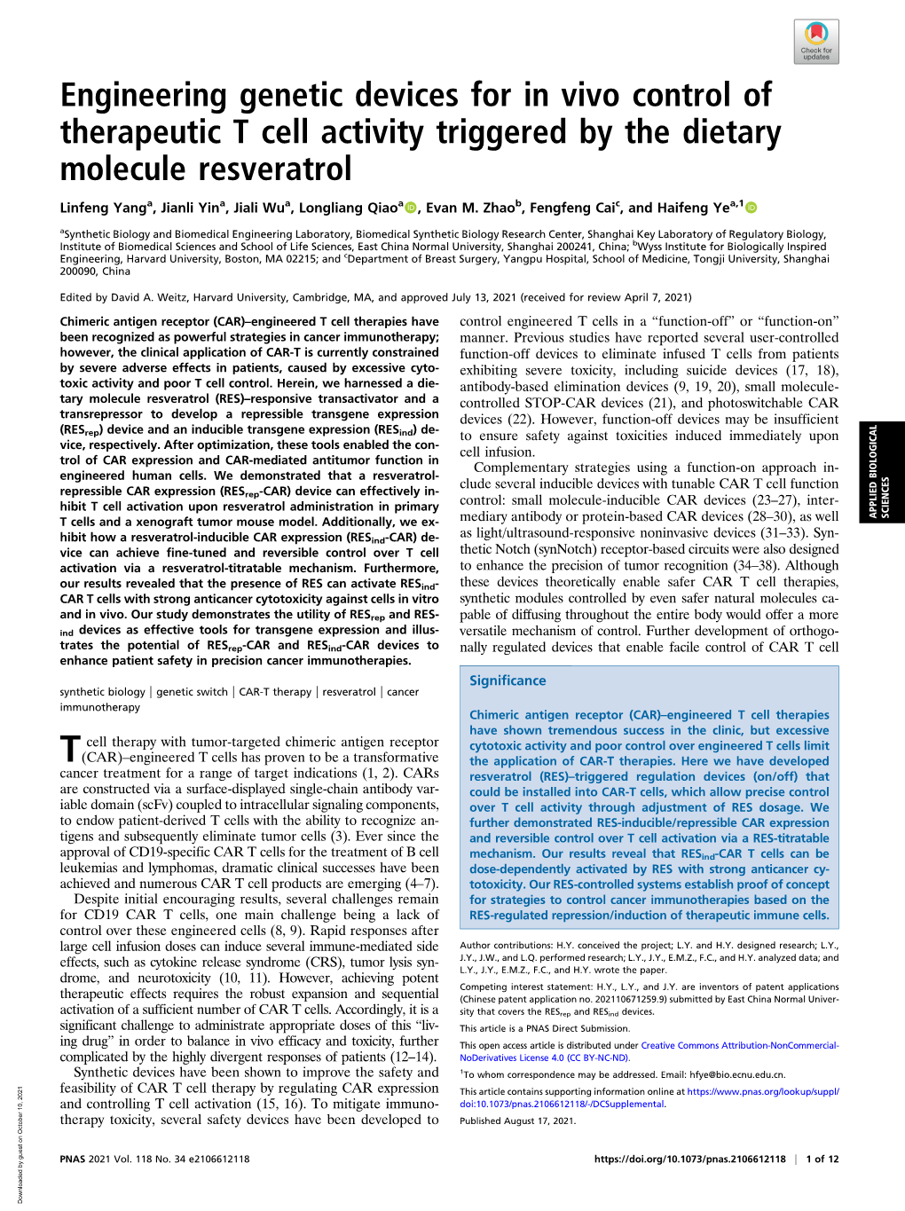 Engineering Genetic Devices for in Vivo Control of Therapeutic T Cell Activity Triggered by the Dietary Molecule Resveratrol