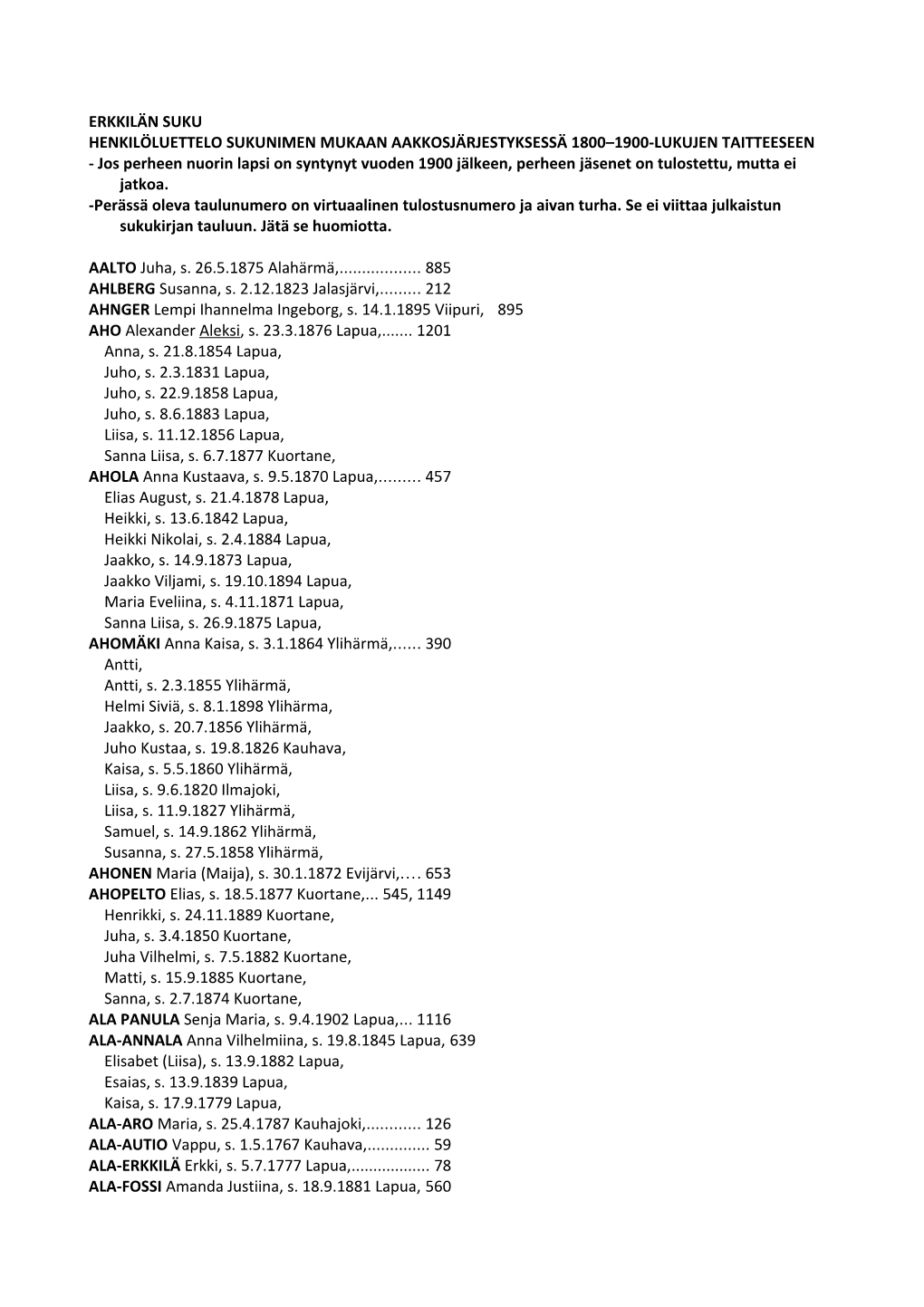 Erkkilän Suku Henkilöluettelo Sukunimen