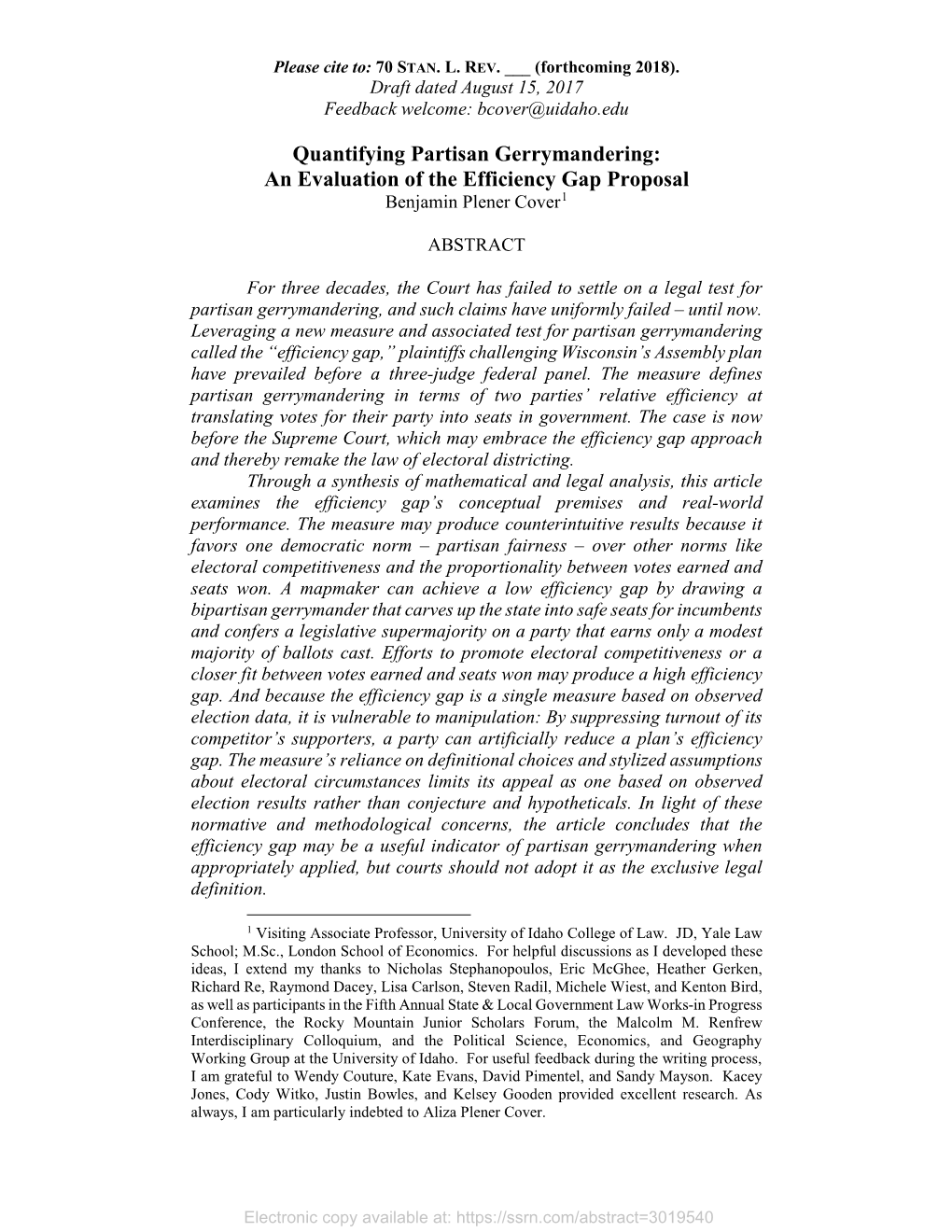 Quantifying Partisan Gerrymandering: an Evaluation of the Efficiency Gap Proposal Benjamin Plener Cover1
