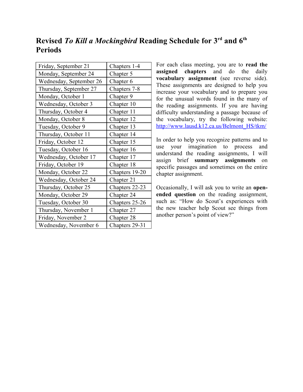 To Kill a Mockingbird Reading Schedule for 3Rd and 6Th Periods