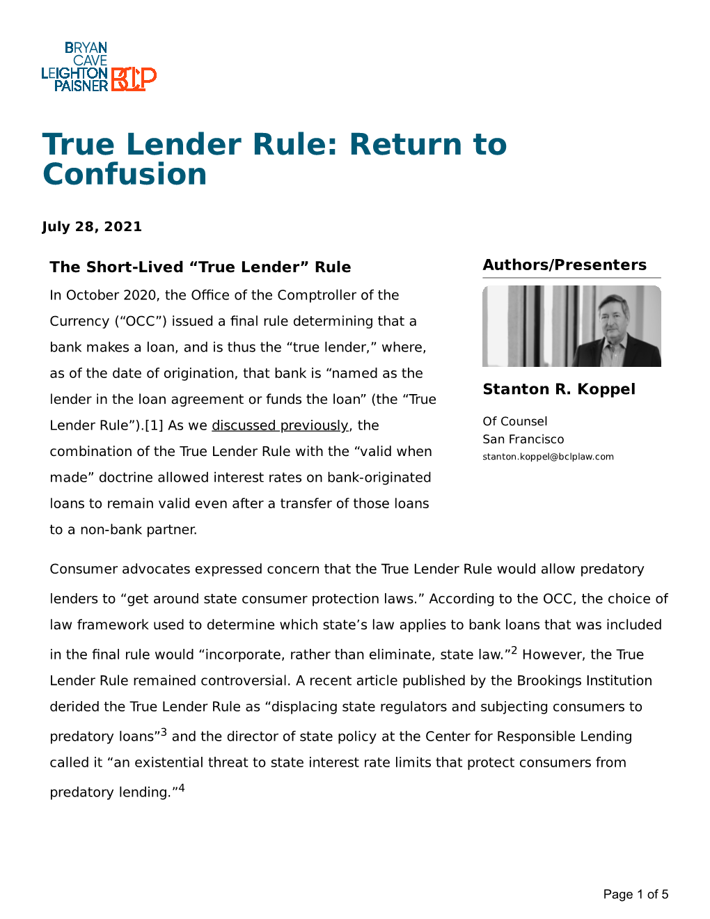 True Lender Rule: Return to Confusion