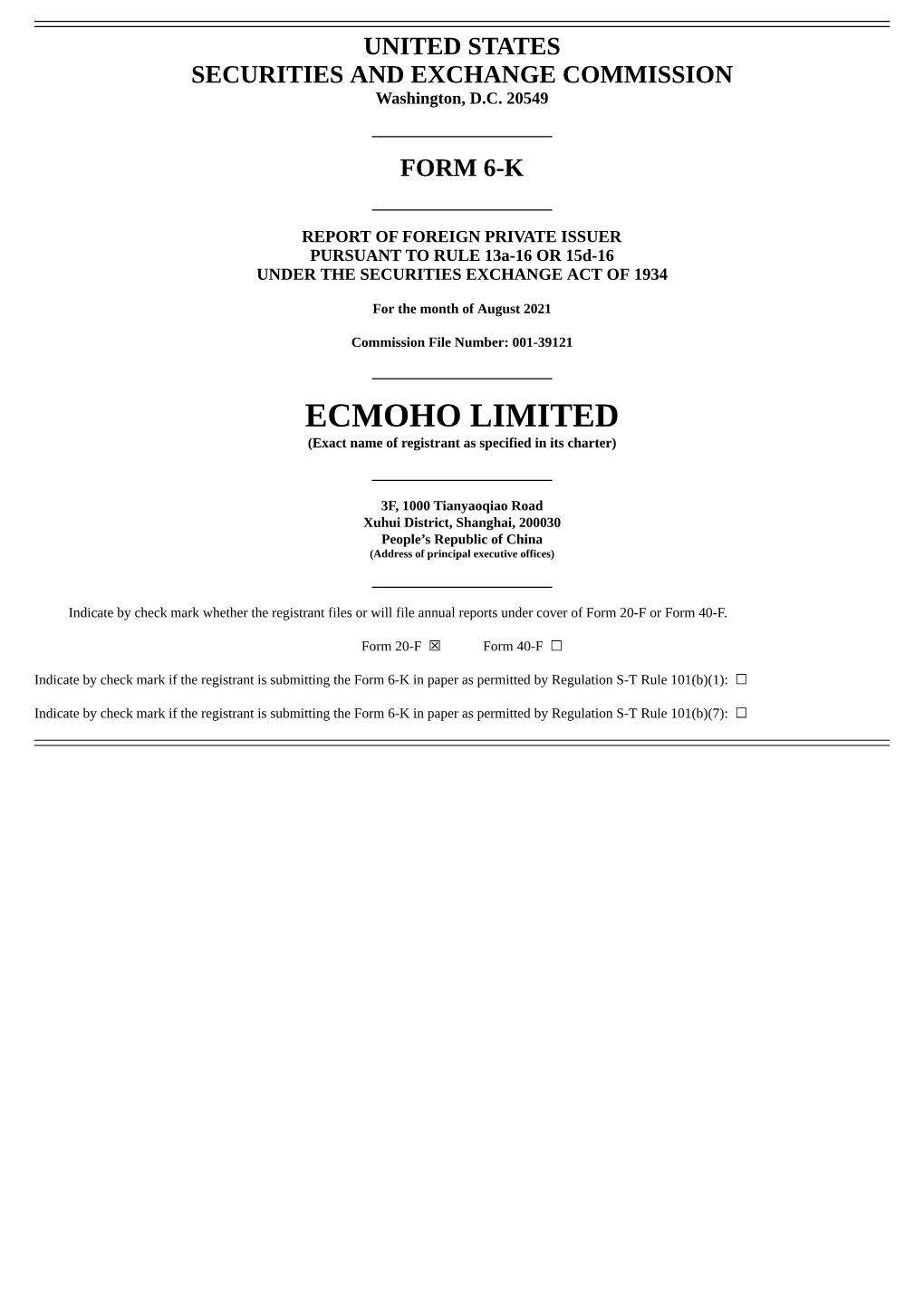 ECMOHO LIMITED (Exact Name of Registrant As Specified in Its Charter)
