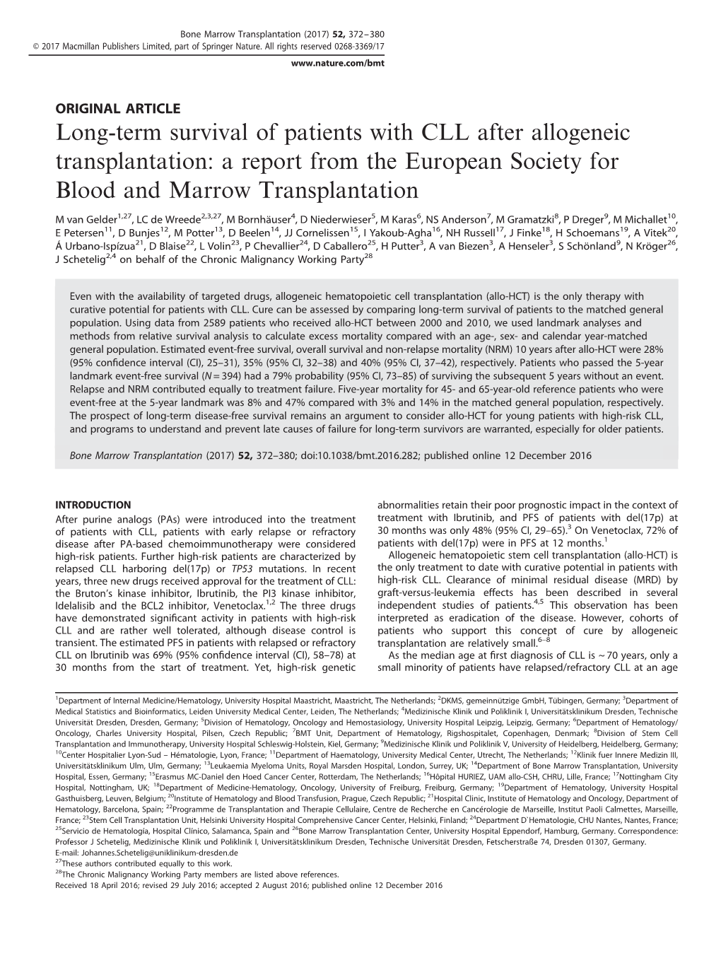 Long-Term Survival of Patients with CLL After Allogeneic Transplantation: a Report from the European Society for Blood and Marrow Transplantation