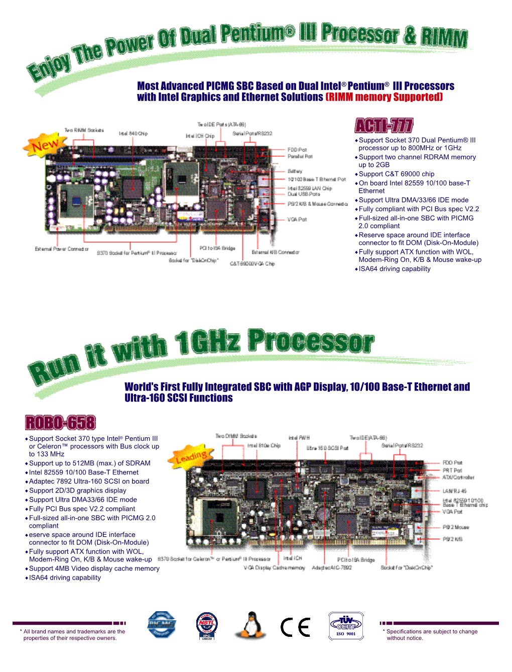 Most Advanced PICMG SBC Based on Dual Intel® P Entium® III Processors with Intel Graphics and Ethernet Solutions
