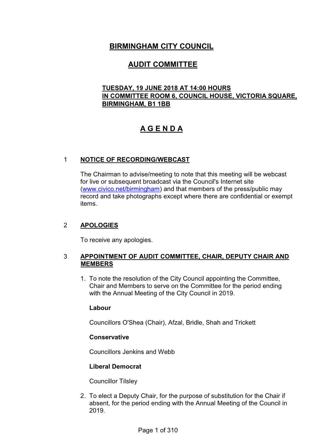 Birmingham City Council Audit Committee a G E N