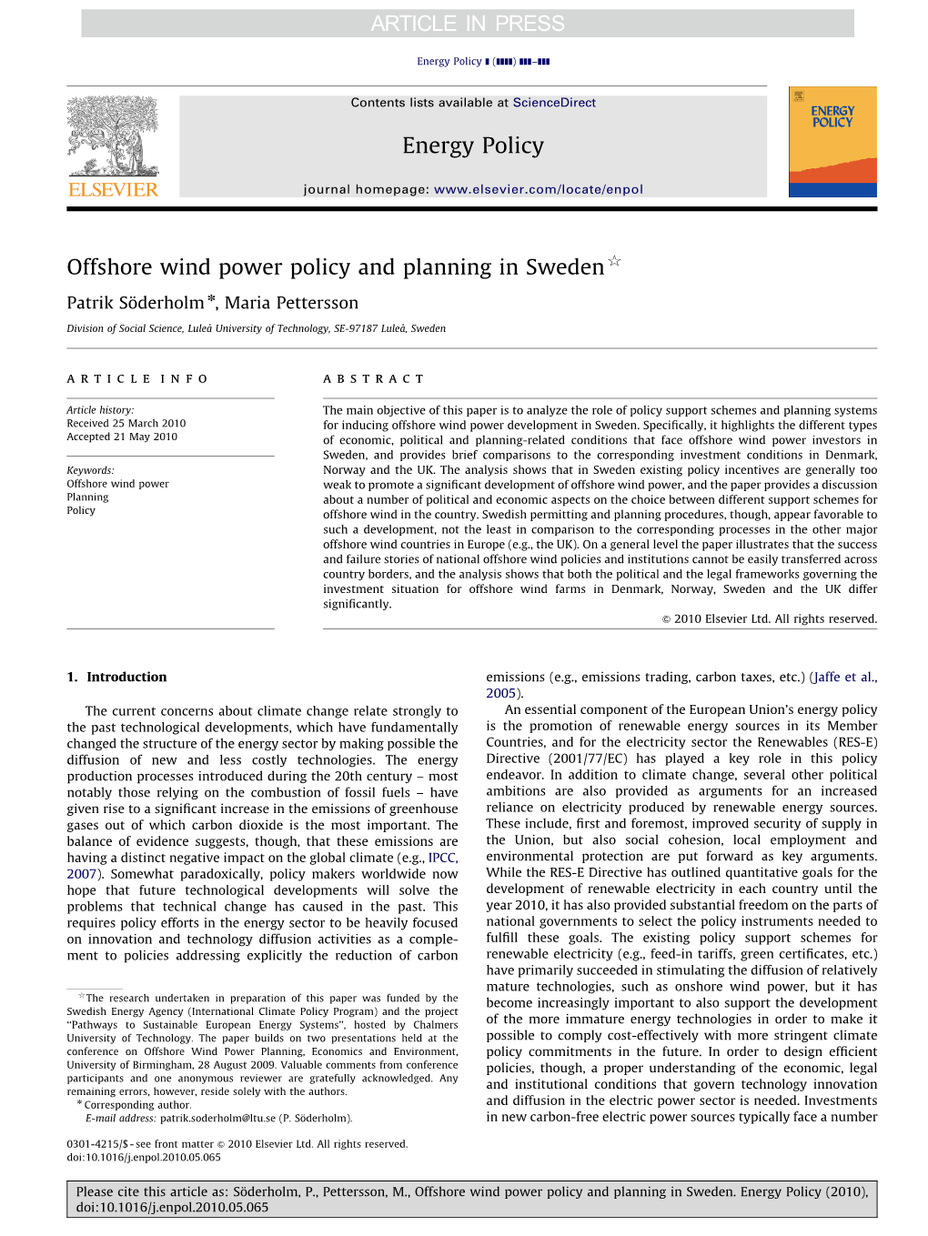 Offshore Wind Power Policy and Planning in Sweden$