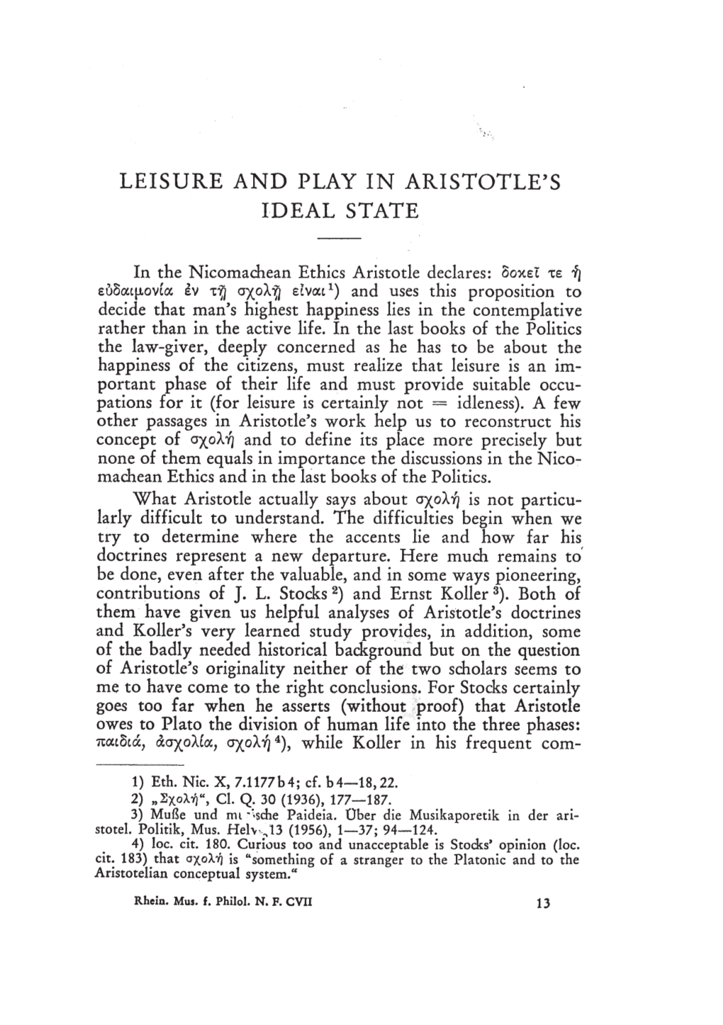 Leisure and Play in Aristotle's Ideal State