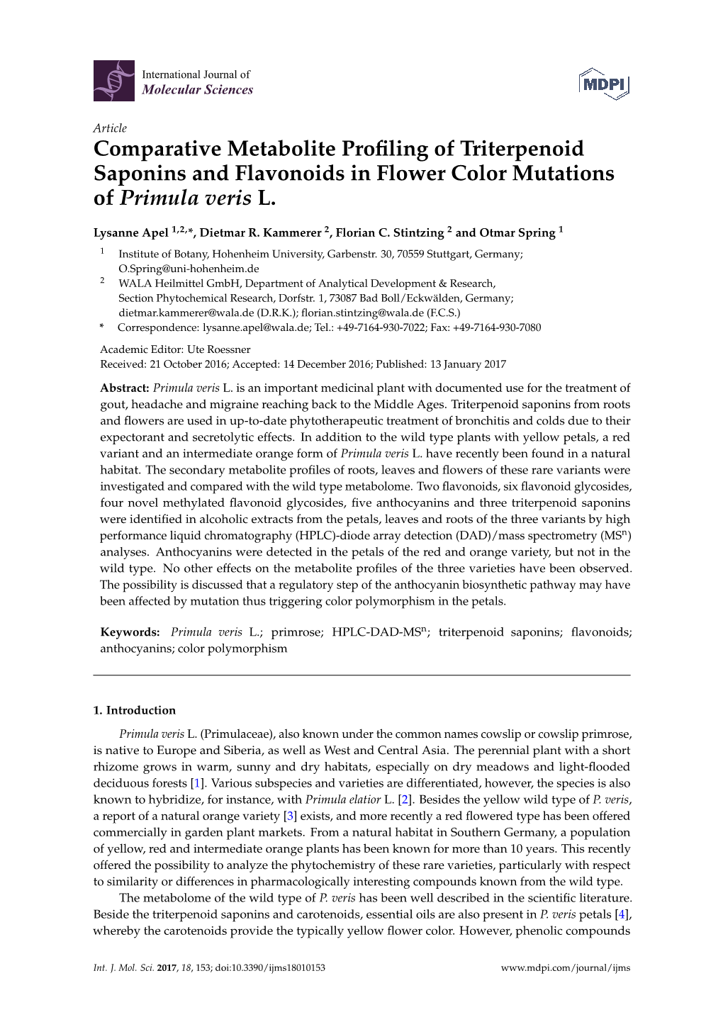 Comparative Metabolite Profiling of Triterpenoid Saponins and Flavonoids in Flower Color Mutations of Primula Veris L