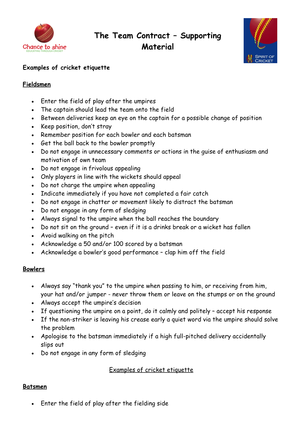 Examples of Cricket Etiquette