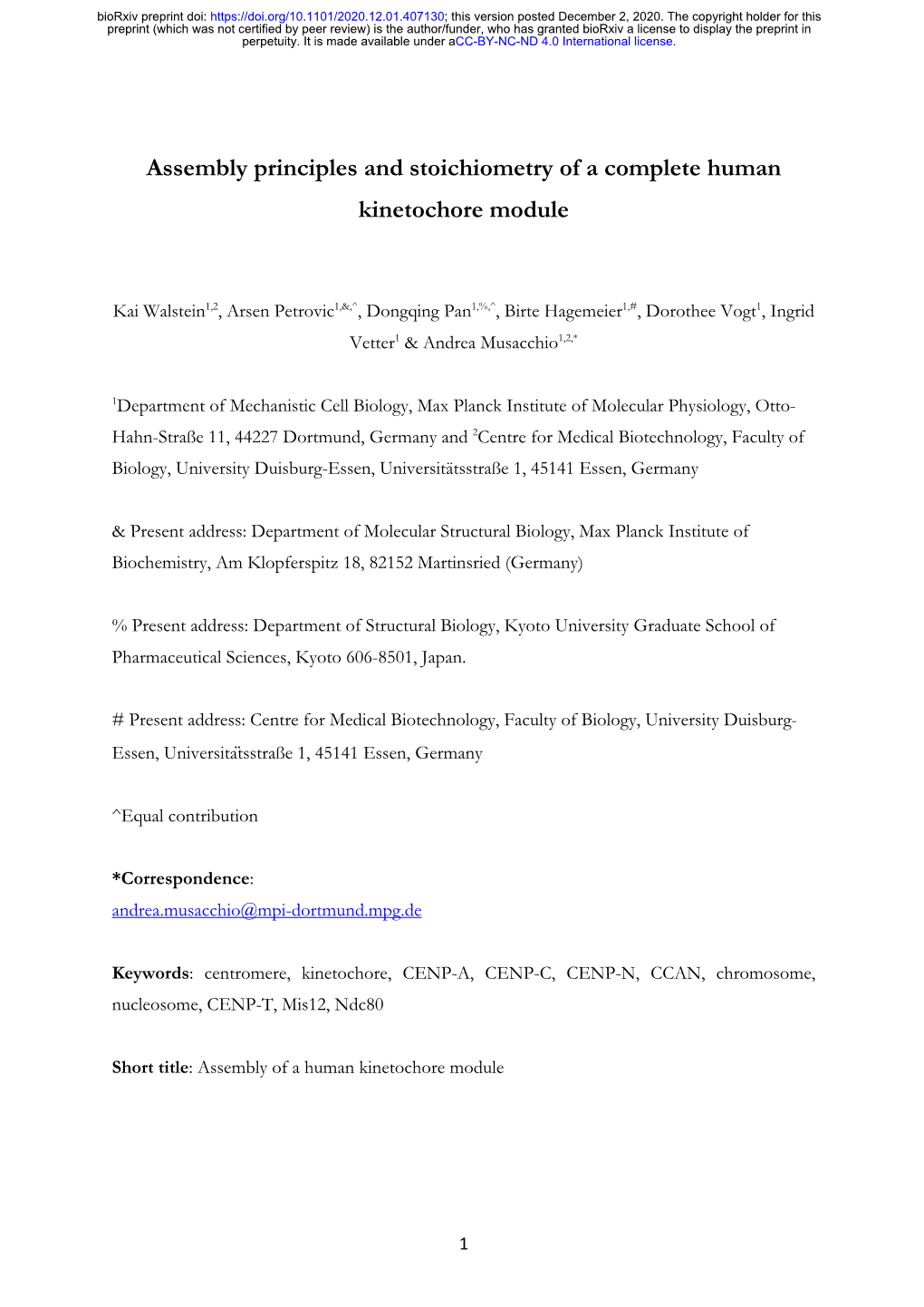 Assembly Principles and Stoichiometry of a Complete Human Kinetochore Module