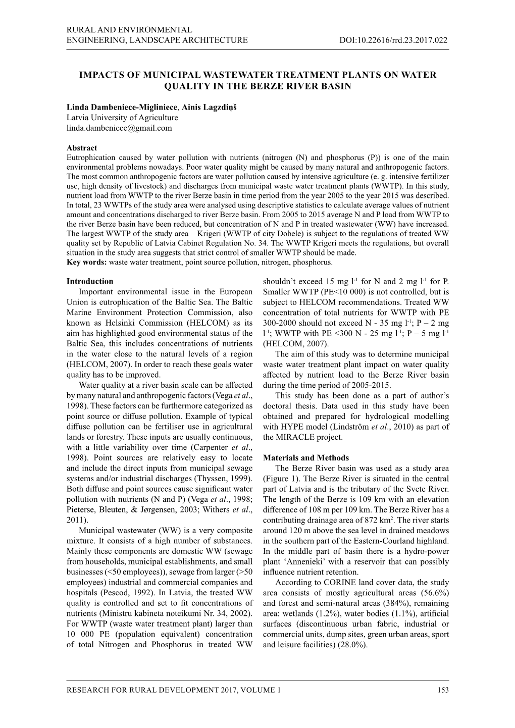 Impacts of Municipal Wastewater Treatment Plants on Water Quality in the Berze River Basin