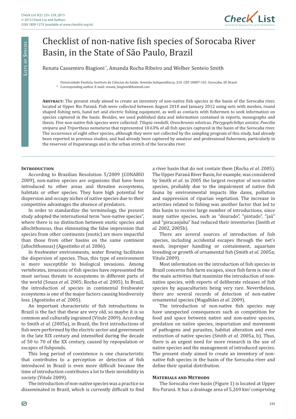 Checklist of Non-Native Fish Species of Sorocaba River Basin, in the State