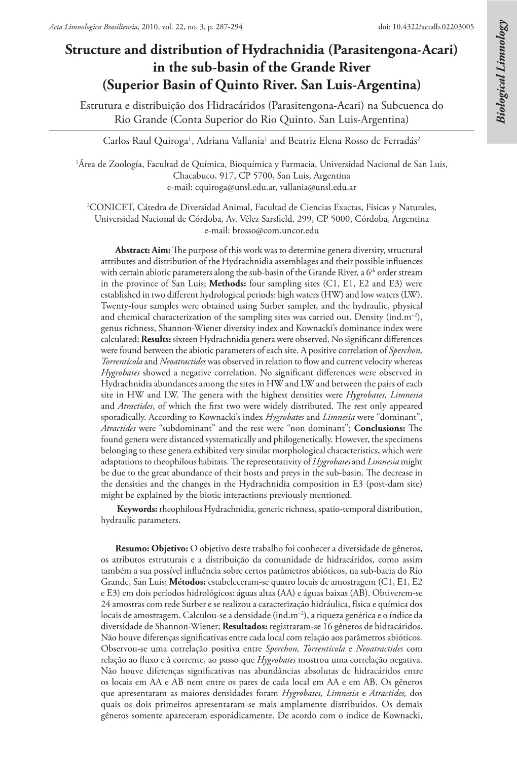 Parasitengona-Acari) in the Sub-Basin of the Grande River (Superior Basin of Quinto River