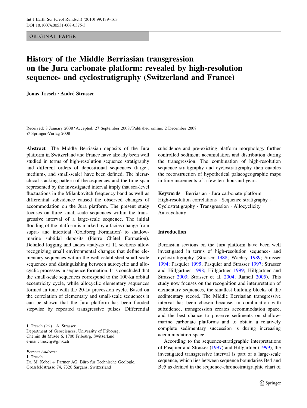 History of the Middle Berriasian Transgression on the Jura Carbonate Platform: Revealed by High-Resolution Sequence- and Cyclostratigraphy (Switzerland and France)